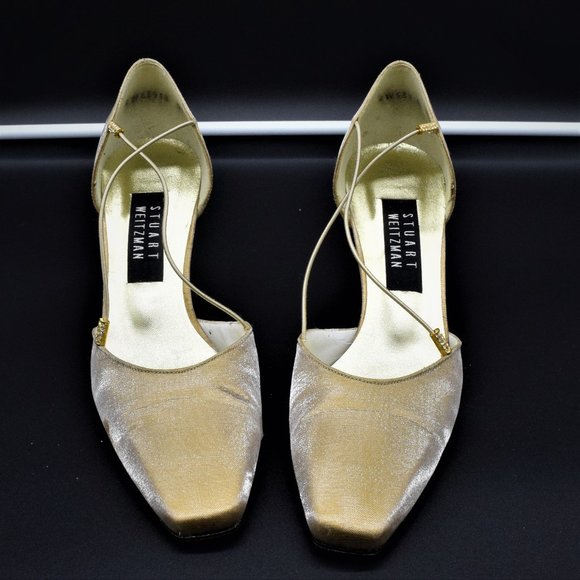 Stuart Weitzman Glamorous Gold Lame  & Rhinestone Mid Heel Formal - Picture 1 of 12